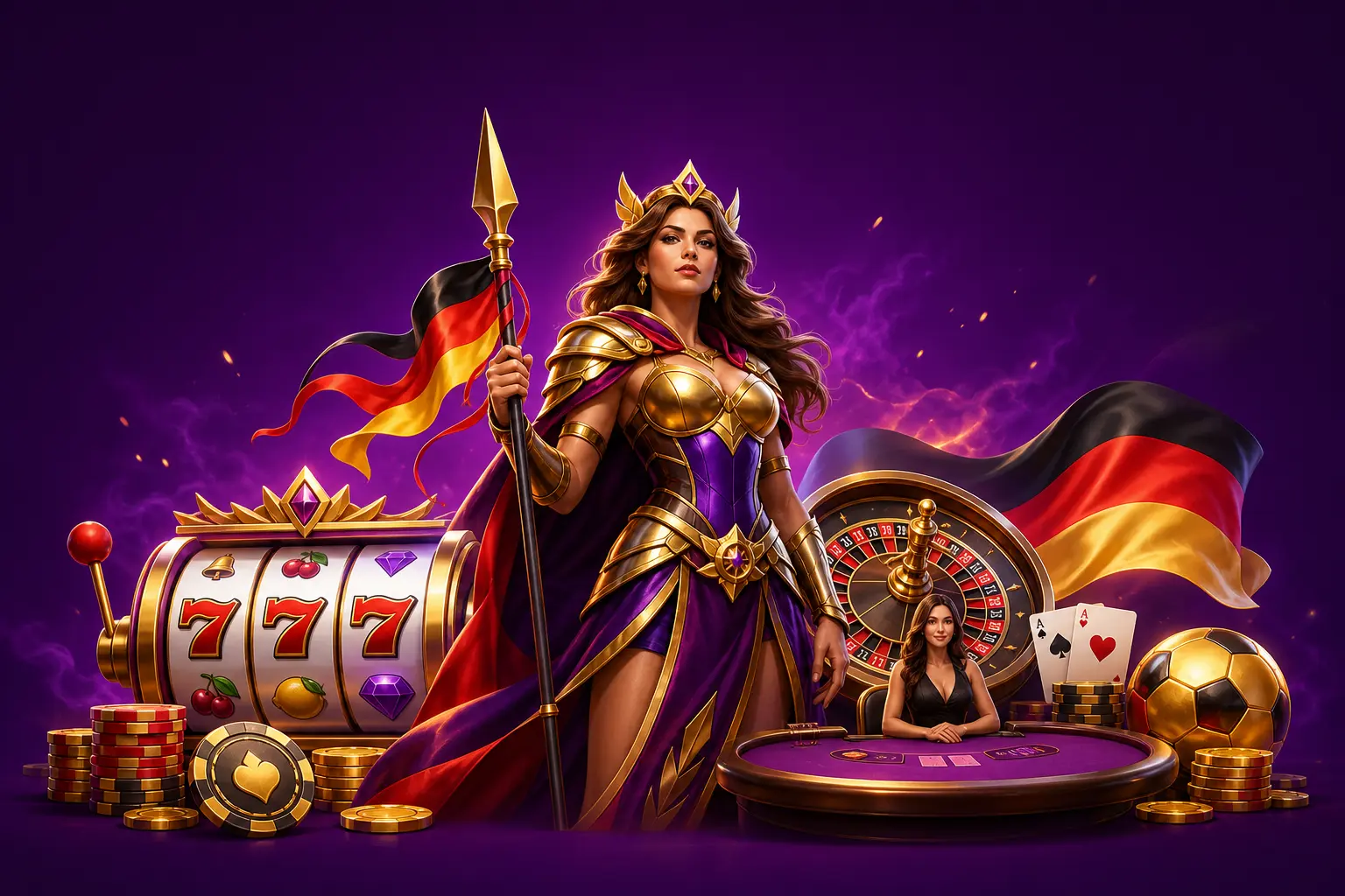 HitnSpin Casino Germany hero scene – slots and live casino, subtle black-red-gold German flag accents